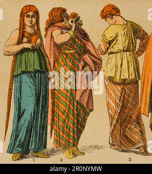 Gallier. Das Gaulish-Kleid für Frauen. Chromolithographie. "Historia Universal" von César Cantú. Band II, 1881. Stockfoto