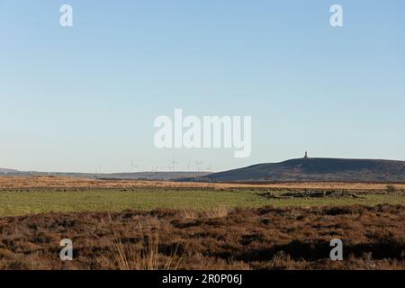 Darwen Tower und Darwen Hill blickten an einem Wintertag vom Wheelton Moor aus auf das West Pennine Moors Lancashire England Stockfoto