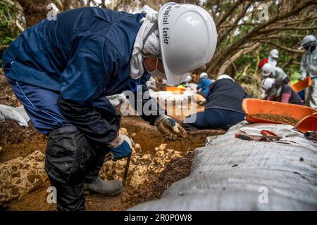 Auftragnehmer des Okinawa Prefectural Board of Education, Archäologisches Zentrum, graben während einer archäologischen Ausgrabung in der Marine Corps Air Station Futenma, Okinawa, Japan, 25. November 2019. Stockfoto