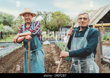 Zwei Bauern, die Flanellhemden und Overalls tragen, sich nach der Arbeit im Garten ausruhen, sich an Hakengriffe lehnen, lächeln und in die Kamera schauen. Stockfoto