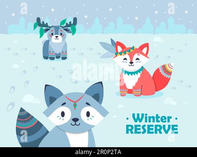 Winterdesign mit verschneitem Hintergrund und niedlichen Stammestieren Stock Vektor