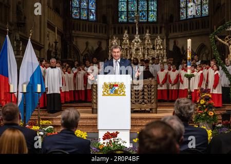 Regensburg, Deutschland. 09. Mai 2023. Der bayerische Ministerpräsident Markus Söder (CSU) spricht während der Eröffnungszeremonie der bayerisch-tschechischen Nationalausstellung. Die Ausstellung trägt den Titel „Barock! Bayern und Böhmen“ und ist ab Mittwoch (10. Mai) im Museum für Bayerische Geschichte in Regensburg und ab Dezember im Nationalmuseum in Prag zu sehen. Kredit: Armin Weigel/dpa/Alamy Live News Stockfoto