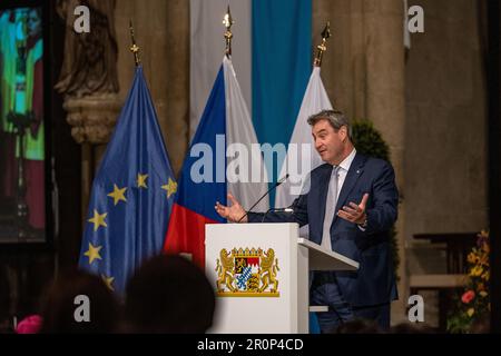 Regensburg, Deutschland. 09. Mai 2023. Der bayerische Ministerpräsident Markus Söder (CSU) spricht während der Eröffnungszeremonie der bayerisch-tschechischen Nationalausstellung. Die Ausstellung trägt den Titel „Barock! Bayern und Böhmen“ und ist ab Mittwoch (10. Mai) im Museum für Bayerische Geschichte in Regensburg und ab Dezember im Nationalmuseum in Prag zu sehen. Kredit: Armin Weigel/dpa/Alamy Live News Stockfoto