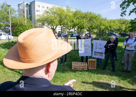 09. Mai 2023, Sachsen-Anhalt, Dessau-Roßlau: Jury-Mitglieder der Deutschen Gartenausstellungsgesellschaft (dbg) besuchen Dessau-Roßlau. Die Stadt Sachsen-Anhalt bietet an, die Federal Horticultural Show 2035 auszurichten. Die drittgrößte Stadt Sachsen-Anhalts nutzt mit ihrer Anwendung die Möglichkeit, Investitionen in Tourismus und Stadtentwicklung im Stadtzentrum zu realisieren und die nachhaltige Stadtentwicklung voranzutreiben. Foto: Hendrik Schmidt/dpa Stockfoto