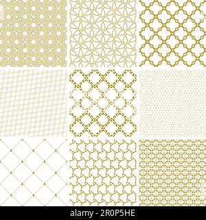 Set von geometrischen nahtlosen Mustern. Sammlung abstrakter geometrischer Vektoren. Set aus goldenen, modernen, nahtlosen Hintergründen mit sich wiederholenden Elementen Stock Vektor