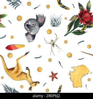 Reise Australien nahtloses Aquarell-Muster mit dekorativen Elementen Kontinent, Eukalyptus, Craspedia, Bumerang, Koala, känguru, Surfbrett, telopea Stockfoto