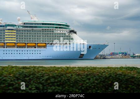 MIAMI BEACH, FL, -17. FEBRUAR 2023 - Blick auf die MS Freedom of the Seas, ein Kreuzfahrtschiff, das von Royal Caribbean International betrieben wird. In Port Miami in Florida, t Stockfoto