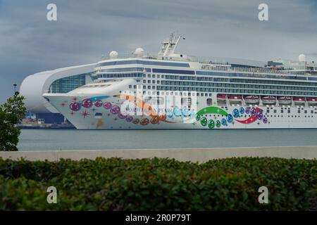 MIAMI BEACH, FL, -17. FEBRUAR 2023 - View of the Norwegian Pearl, ein Kreuzfahrtschiff, das von Norwegian Cruise Lines (NCL) in Port Miami in Florida, den Larges, betrieben wird Stockfoto