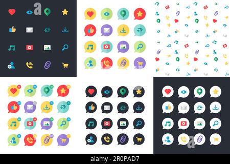 Web-Symbole für Blogs und soziale Netzwerke, Online-Shopping und E-Mail, Videodateien, Bilder und Fotos. Elemente für die Anzahl von Views, Likes und Reposts. Stock Vektor