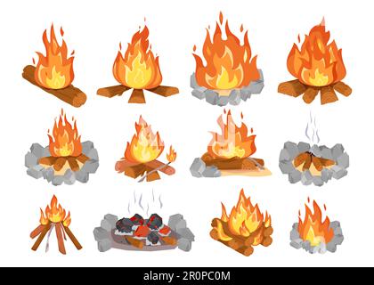 Kreatives, farbenfrohes Holz-Lagerfeuer-Flachbild-Set Stock Vektor