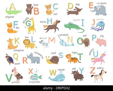 Farbenfrohes Zoo-Alphabet mit niedlichen Tieren, flaches Zeichnungsset Stock Vektor