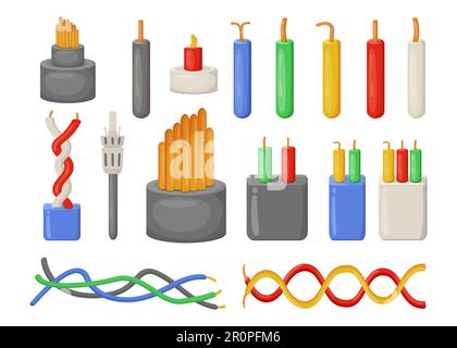 Zeichentrickfilm elektrische Kabel Flachvektorabbildungen Set Stock Vektor