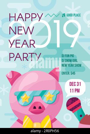Lustiger, stylischer Flyer für die Silvesterparty 2019 mit hübschem Schwein in leuchtenden Farben für Plakat, Einladung, Druck, Broschüre, Hintergrund und Backd Stock Vektor