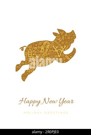 Frohes neues Jahr Grußkarte Vektorvorlage. Silhouette „Pig“ mit Schriftzug und linearen festlichen Ikonen Stock Vektor