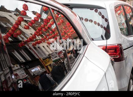 Laternen im Londoner Chinatown-Viertel Stockfoto