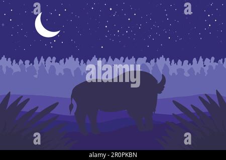Landschaft mit wildem bizon auf dem Feld. Prärielandschaft. Nachtpanorama mit Mond. Natürliche Szene. Vektor Stock Vektor