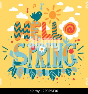 Hello Spring Concept mit Blumen, Vögeln und Sonne. Vektor Stock Vektor