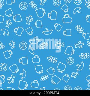 Bier und Snacks mit linearem, nahtlosem Muster. Oktoberfest mit blauem Hintergrund. Geschenkpapierdesign Stock Vektor