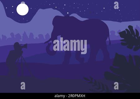 Ein Fotograf fotografiert Elefanten in der Natur. Illustration mit Standbild und Videojäger mit Kamera auf tropischer Landschaft im Safaripark. Vecto Stock Vektor
