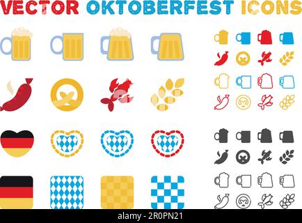 Stilvolles Oktoberfest- und Biersymbolset. Umriss- und flacher Stil. Vektor Stock Vektor