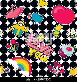 Vector Romantic Love Nahtloses Muster im Doodle-Stil mit Form. Mädchen-Modedekoration. Schöner Zeichentrickfilm-Hintergrund. Lustige Kulisse. Stock Vektor