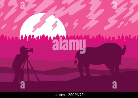 Wildtiere, Naturfotografen Flachvektordarstellung. Minimalistische Landschaft mit Bisons Silhouette Stock Vektor
