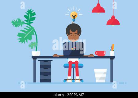 Arbeitsbereich eines professionellen arbeitenden Afro-amerikanischen Entwicklers, Programmierers, Systemadministrators oder Designers mit Schreibtisch, Stuhl, Notizbuch. Unternehmensprojekt o Stock Vektor