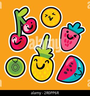 Leckere süße Früchte und Beeren mit Emoji. Lustiges und niedliches Lächeln für Kinder, Kinder, Aufdruck für Jugendkleidung. Vektor Stock Vektor