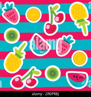„Vector Summer Fruits“-Muster im Cartoon-Stil. Obst und Beeren. Süße Kulisse Stock Vektor