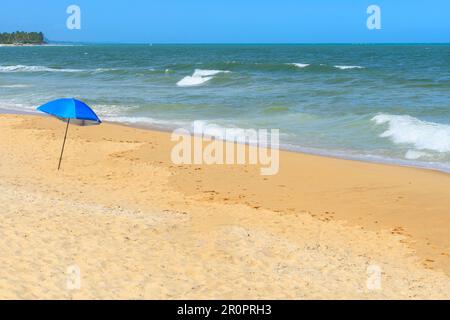 Wunderschöne Landschaft eines brasilianischen Nordoststrands, Trancoso - Nativos Beach, Porto Seguro - Bahia State. Keine Leute am Strand, nur ein Sonnenschirm. Stockfoto