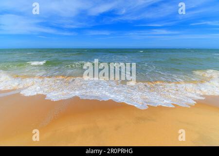 Die Landschaft eines brasilianischen Nordoststrands, Trancoso - Nativos Beach, Porto Seguro - Bahia State. Tropischer brasilianischer Strand im Sommer. Stockfoto