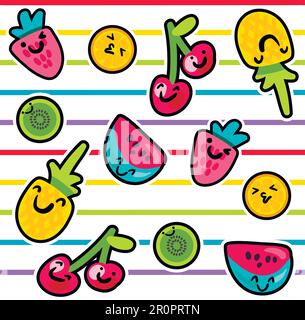 „Vector Summer Fruits“-Muster im Cartoon-Stil. Obst und Beeren. Süße Kulisse Stock Vektor