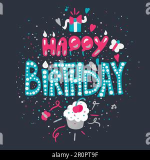 Geburtstagskarte mit Cupcake und Geschenkbox mit Schleife. Prominentext. Vektor Stock Vektor