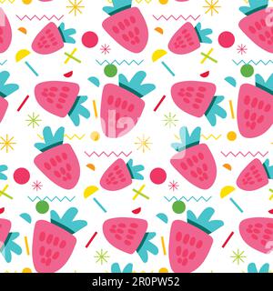 „Vector Summer Fruits“-Muster im Cartoon-Stil. Memphis-Elemente und Beeren. Süße Kulisse. Süßes Erdbeermuster Stock Vektor
