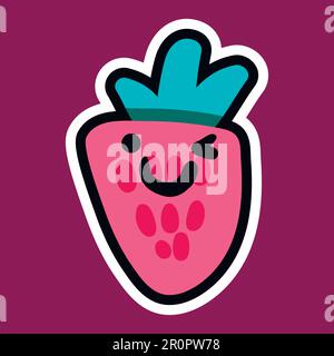 Erdbeer-Cartoon-Sticker mit Lächeln. Süße Beeren. Aufnäher und Aufdruck für T-Shirt, Stoff, Kleidung. Menüpunkt. Saft und Sommersymbol. Vektor Stock Vektor