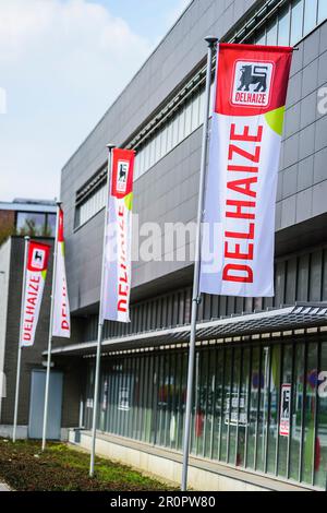 Delhaize-Laden geschlossen. Aufgrund der Personalmaßnahmen nach der Ankündigung des Plans zur Franchise des Stores. | Mouvement de greve chez Delhaize. Arr Stockfoto