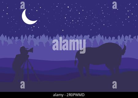 Landschaft mit wildem bizon auf dem Feld. Prärielandschaft. Nacht mit Mondpanorama. Natürliche Szene. Der Fotograf fotografiert bizon in der Natur. Vektor Stock Vektor