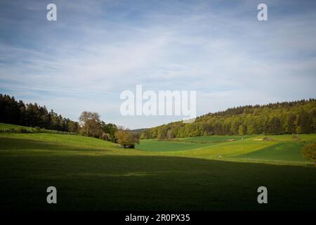 Idyllische Landschaft im Frühling, Altmühltal, Bayern, Deutschland Stockfoto