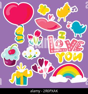 Vector Romantic Love Patches im Doodle-Stil mit Form. Patchworks-Design für Mädchen. Schöne Zeichentricksticker. Lustige Abzeichen. Stock Vektor