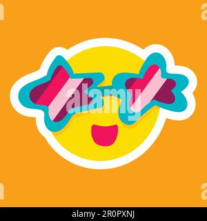 Gelbe, lustige Sonne mit Glas. Sommeraufkleber und Patch. Symbol für heiße Zeit. Tageszeichen. Strandsymbol. Vektor Stock Vektor