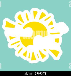 Gelbe, lustige Sonne. Sommeraufkleber und Patch. Symbol für heiße Zeit. Tageszeichen. Strandsymbol. Vektor Stock Vektor