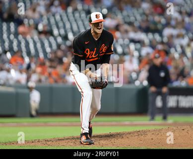 Baltimore Orioles Pitcher Kyle Gibson (48) feiert am Donnerstag, den 8. Mai 2023, in Baltimore, MD. Das Streikout gegen die Tampa Bay Rays im fünften Inning im Oriole Park at Camden Yards (Alyssa Howell/Image of Sport) Stockfoto