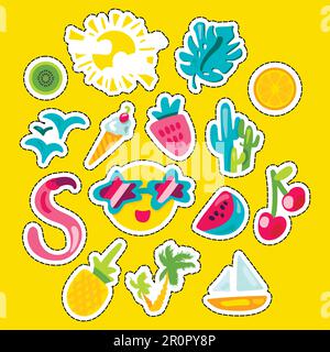 Vector Tropical Summer Patches im Doodle-Stil mit Form. Obst und Beeren. Süßes Patchworks-Design für Mädchen. Schöne Zeichentricksticker. Lustiger Ba Stock Vektor