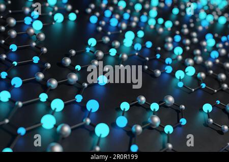 Neon leuchtende blaue und zyanblaue Kugeln, die durch Metallstäbe zu Sechsecken verbunden sind. Designelement für Webseiten-Hintergründe und Diashow-Präsentationen Stockfoto