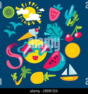 Vector Tropical Summer Patches im Doodle-Stil mit Form. Obst und Beeren. Süßes Patchworks-Design für Mädchen. Schöne Zeichentricksticker. Lustiger Ba Stock Vektor