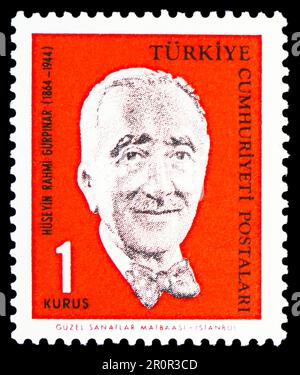 MOSKAU, RUSSLAND - 08. APRIL 2023: In der Türkei gedruckte Briefmarken zeigen Huseyin Rahmi Gürpınar (1864-1944), Schriftsteller, Persönlichkeitsserie, ca. 1964 Stockfoto