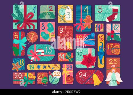 Weihnachten festlicher Adventskalender Flachvektordarstellung. Geschenkboxen für Neujahr, Draufsicht Stock Vektor