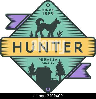 Hunter Camp Retro-Logo-Vorlage in Farbe. Freizeitpark Vintage-Vektorsymbol. Hundesilhouette Stock Vektor