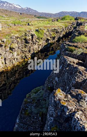 Wasserspalte zwischen eurasischen und amerikanischen kontinentalen Platten, Pingvellir National Park, Pingvellir, Pingvallvatn, Golden Ring, Goldenes Dreieck, Unesco Stockfoto