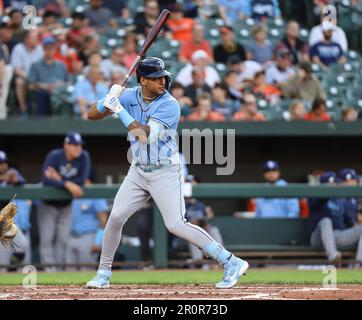 Tampa Bay Rays Center Fielder Jose Siri (22) tritt in die Batters-Box und wartet auf dem Spielfeld von Baltimore Orioles Pitcher Kyle Gibson im zweiten Inning in Camden Yards am 8. Mai 2023 in Baltimore, MD. Die Rays besiegten die Orioles mit 3:0. (Alyssa Howell / Bild des Sports) Stockfoto